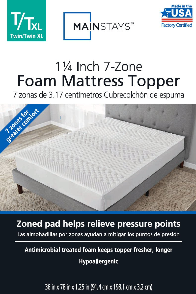 Mainstays 1.25 inch 7-Zone Foam Mattress Topper, Twin/Twin-XL