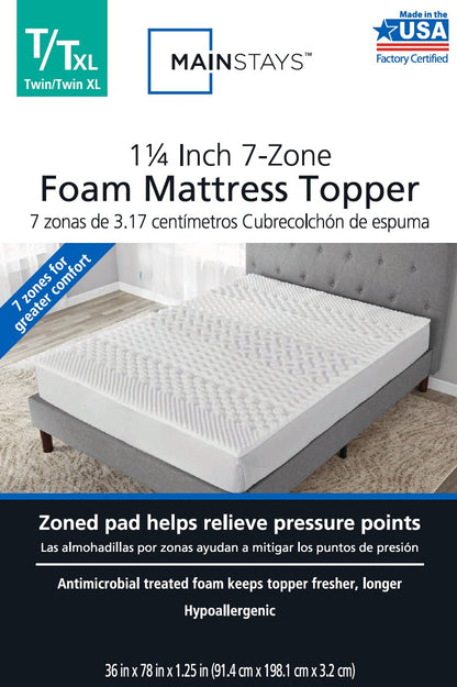 Mainstays 1.25 7-Zone Foam Mattress Topper, Twin/Twin-XL 